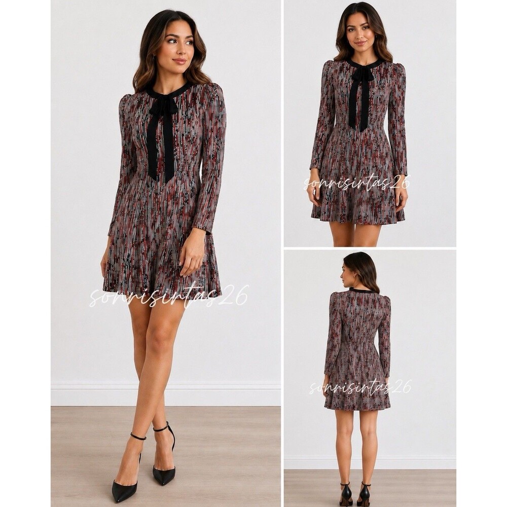 Alice & Olivia Gwyneth Dress Sz 4 Red Black Textured Knit Silk Romantic Feminine